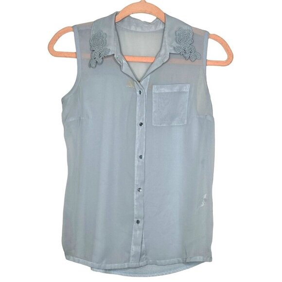 Princess Vera Wang Light Blue Sheer Lace Collared Button Down Tank Top Sz XS - Picture 1 of 8